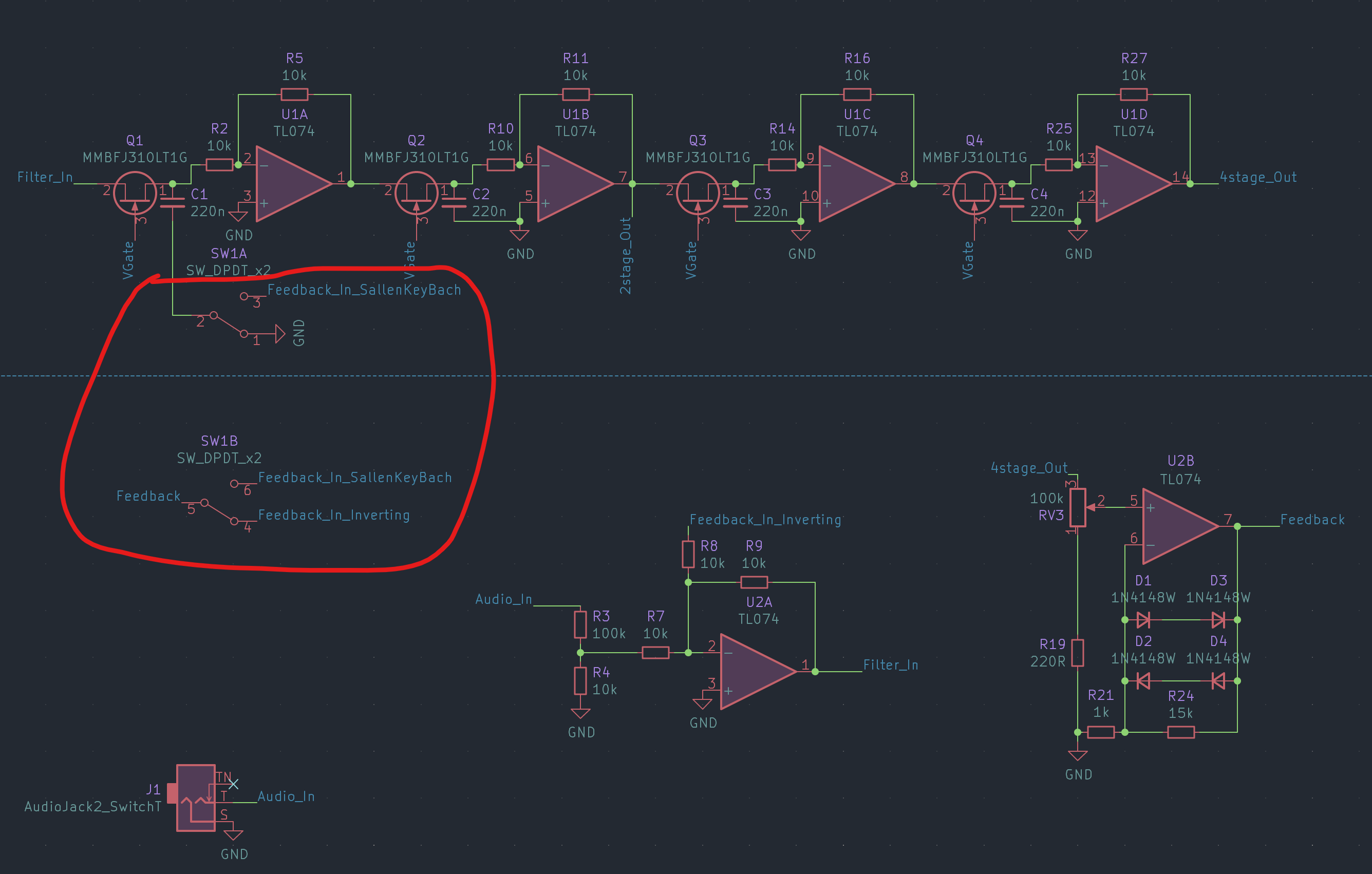 Schematic fragment showing how Mx JFET switches between inverting and SKB feedback modes